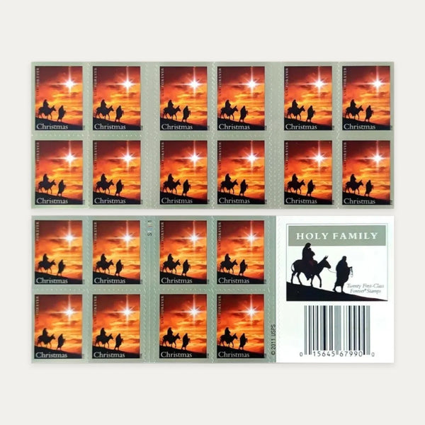 Front and back of a 20-stamp Holy Family Forever postage booklet issued in 2012
