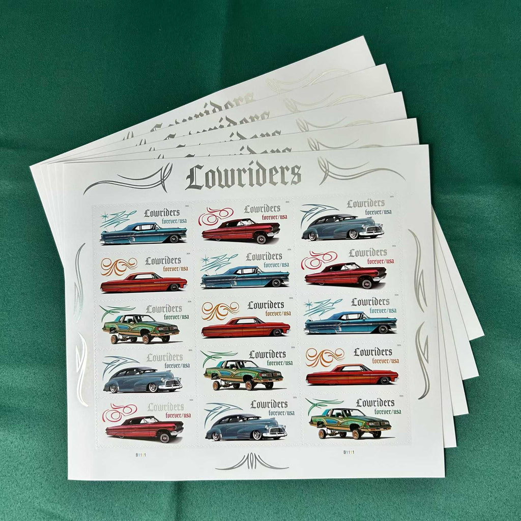 Stacked 2026 Lowriders Forever stamp sheets