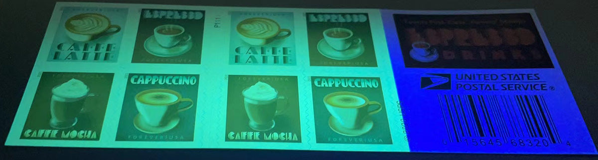 Espresso Drinks stamp booklet under ultraviolet authentication light