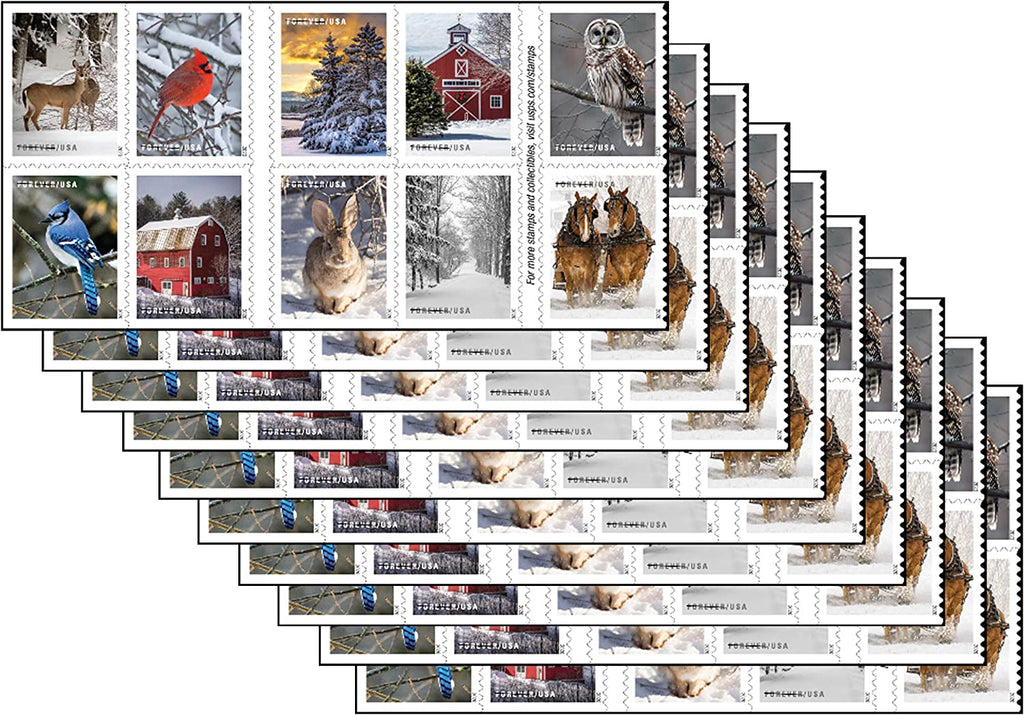 Stacked Winter Scenes Forever stamp booklets