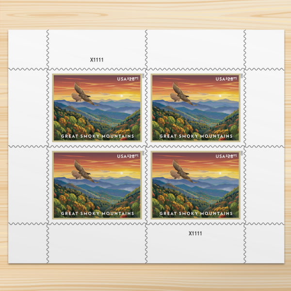 Great Smoky Mountains Priority Mail stamp pane of four
