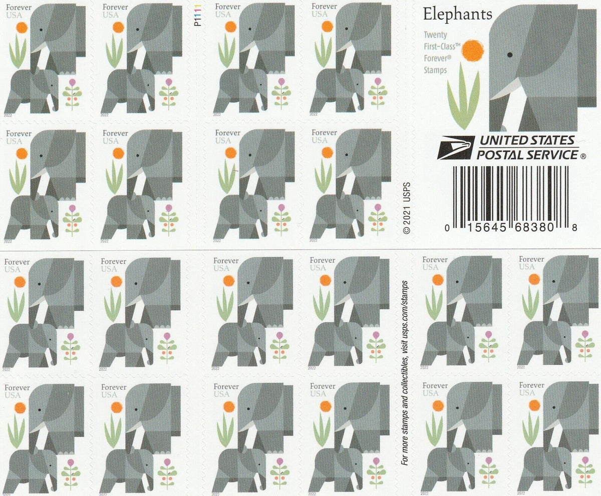 Cartoon elephants Forever stamp pane Main image