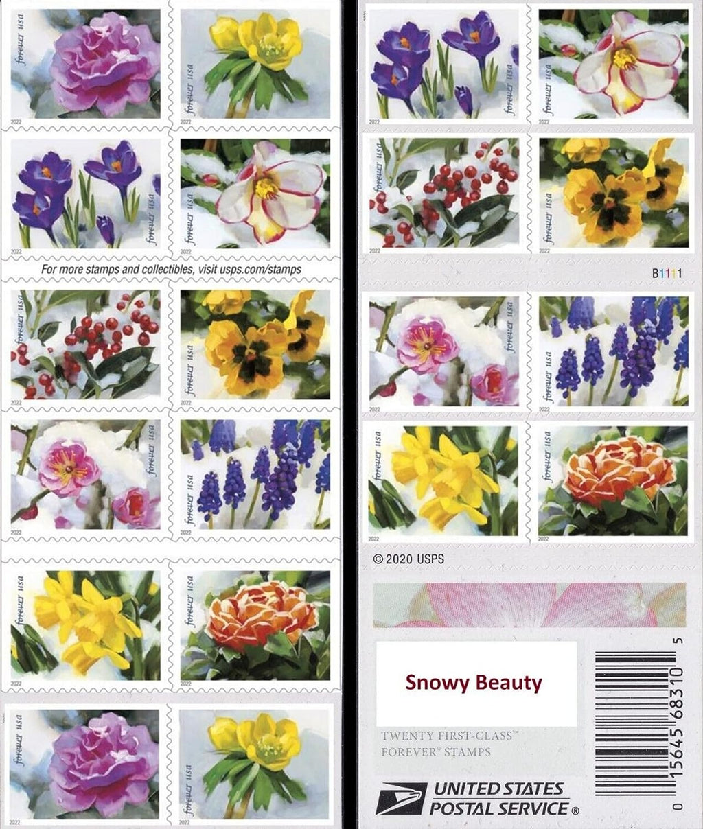 Snowy Beauty flower Forever stamp sheet