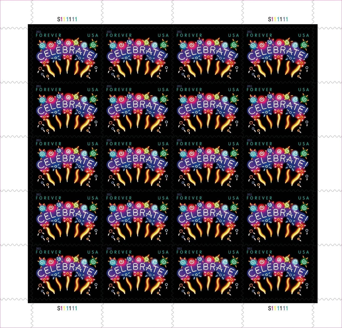 Sheet of 20 "CELEBRATE!" 2011 Forever USA stamps featuring colorful fireworks display with golden bursts and multicolored decorative elements on black background Main image