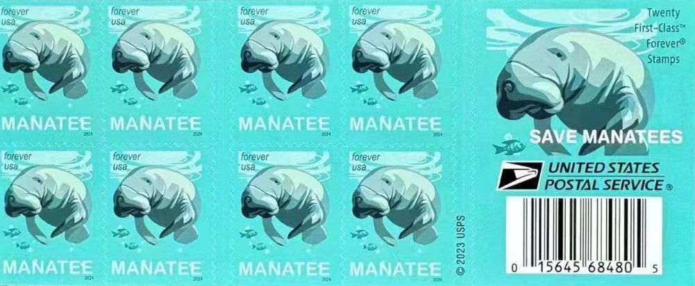 Collection of manatee stamps from the United States Postal Service on a light blue background. Main image