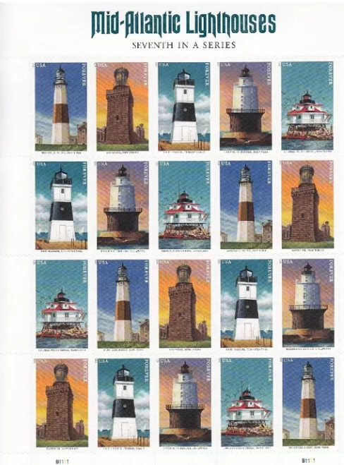 Mid-Atlantic Lighthouses Forever stamp sheet