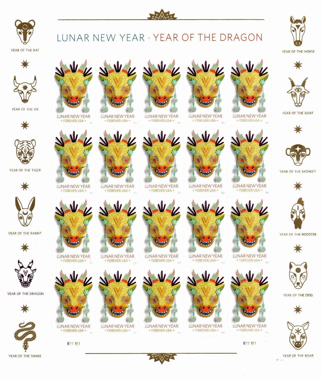Year of the Dragon Lunar New Year Forever stamp sheet