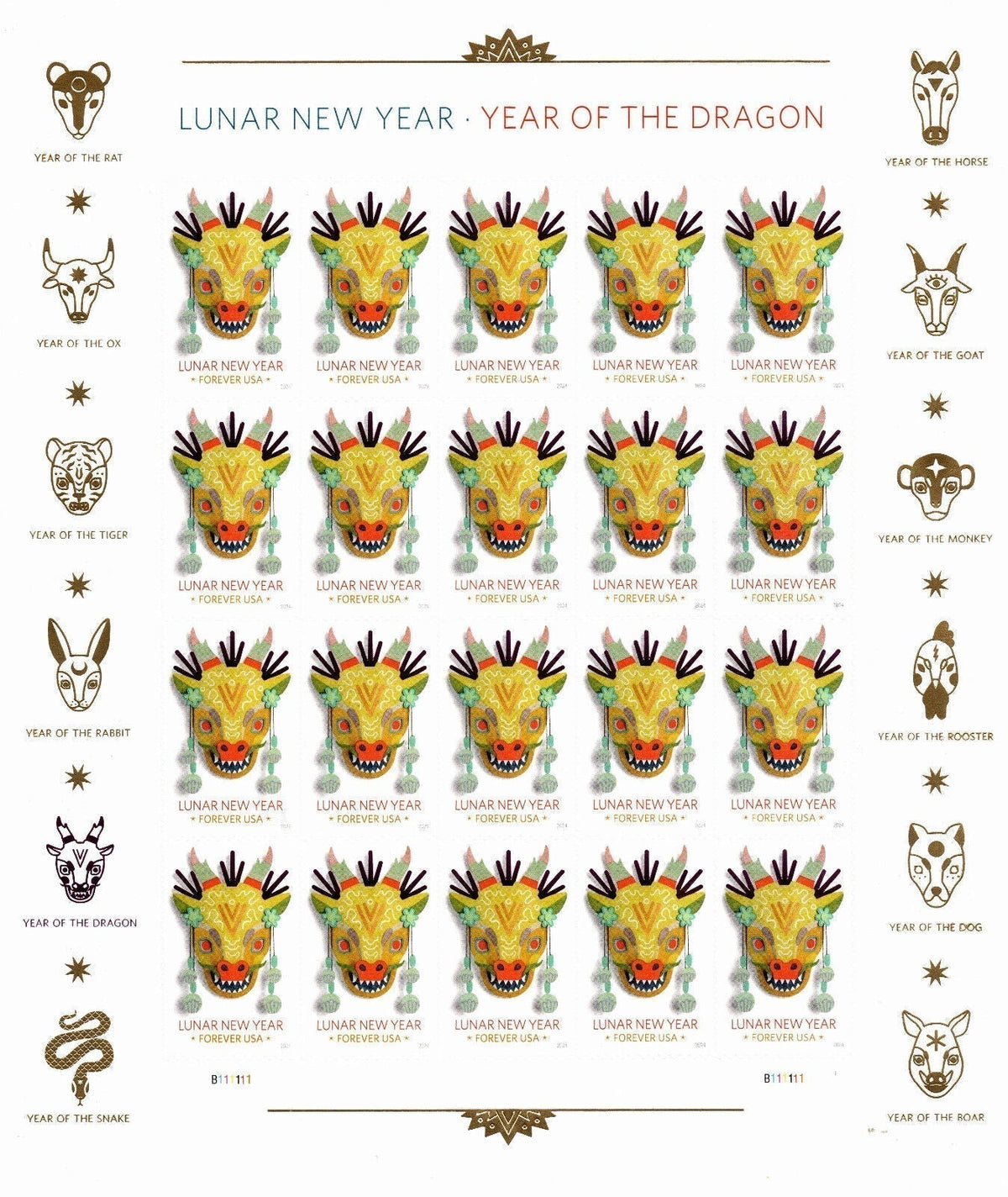 Year of the Dragon Lunar New Year Forever stamp sheet