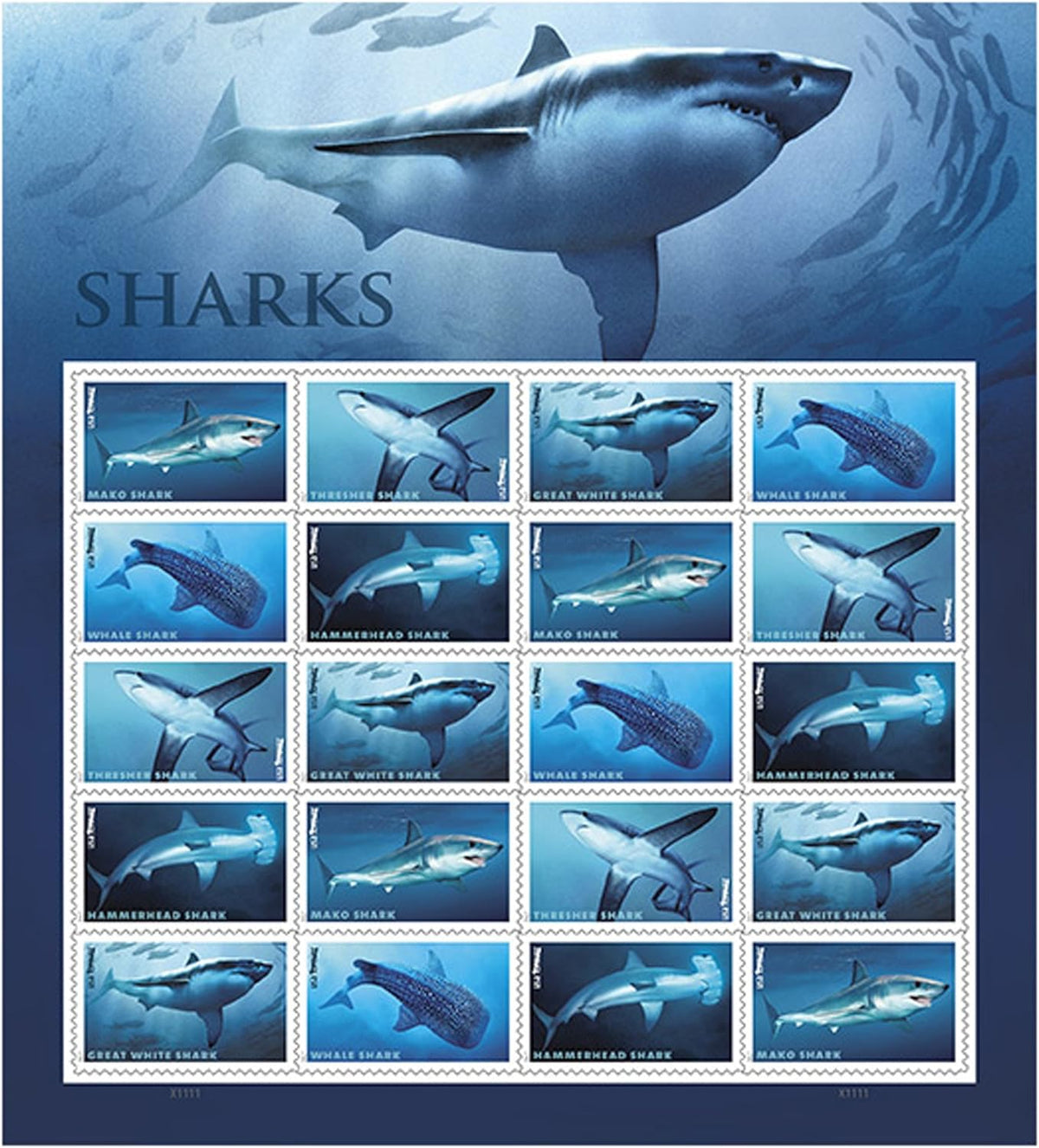 Sharks Forever stamp sheet with marine species designs Main image