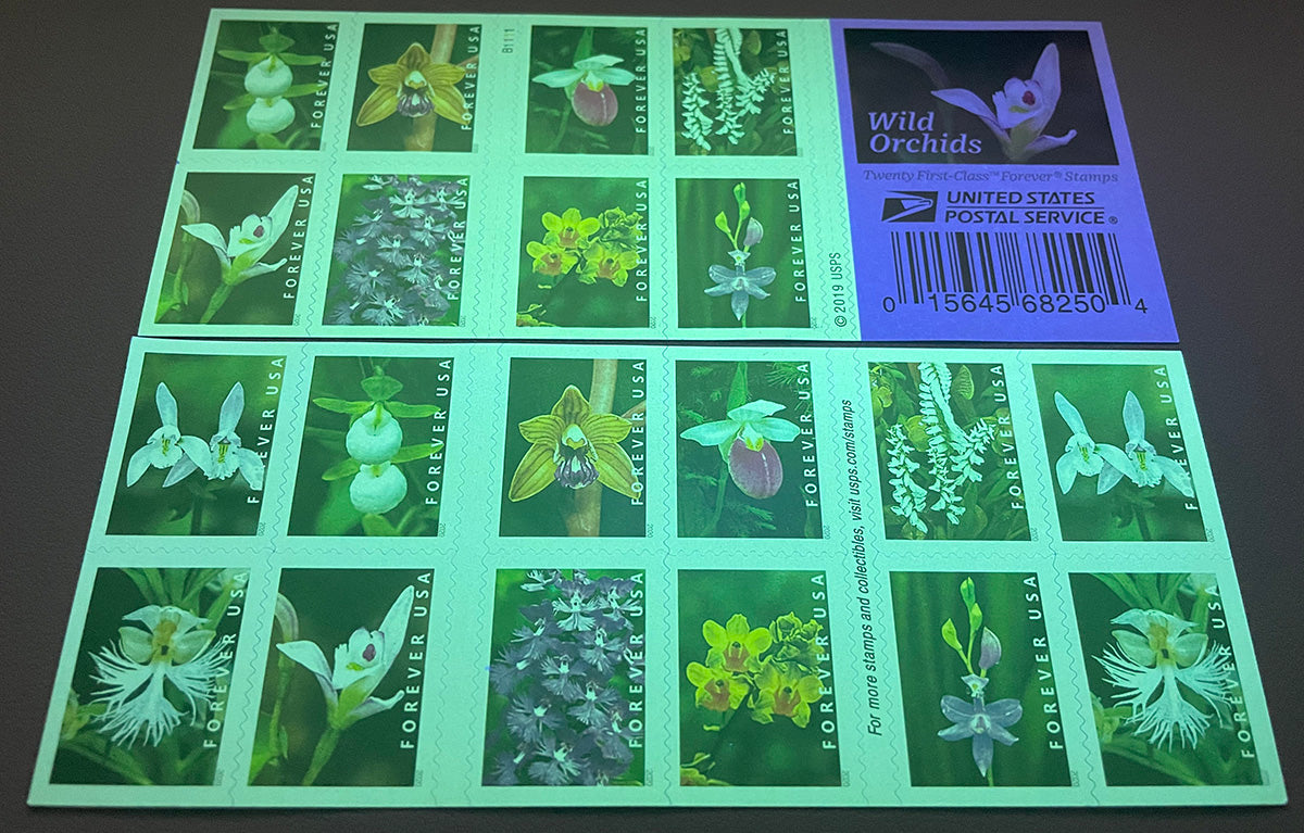 Wild Orchids stamp booklet under ultraviolet authentication light