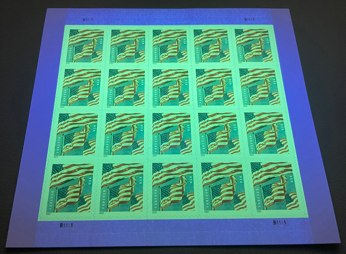 2022 U.S. Flag stamp booklet under ultraviolet authentication light