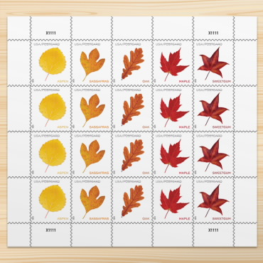 Vibrant Leaves postcard stamp sheet